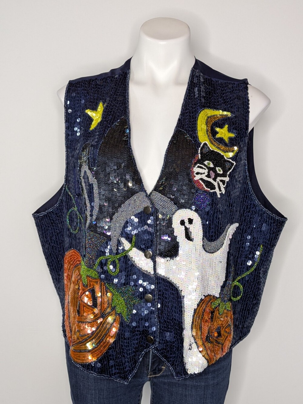 Quaker Factory Blue Sequin & Beaded Halloween Pumpkin Ghost Cat Vest 1X